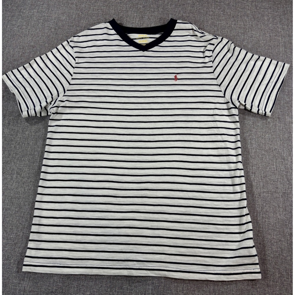 Polo Ralph Lauren Shirt Embroidered Striped Logo Preppy Navy Short Sleeve Men XL